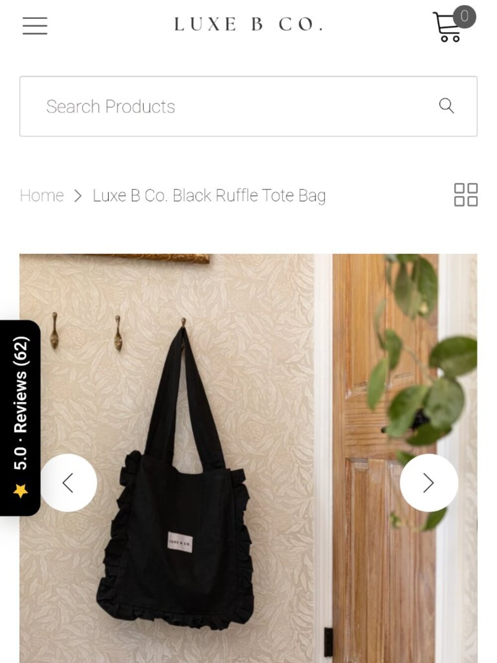 Luxe B Co. Black Ruffle Tote Bag Canvas Casual Everyday Handbag